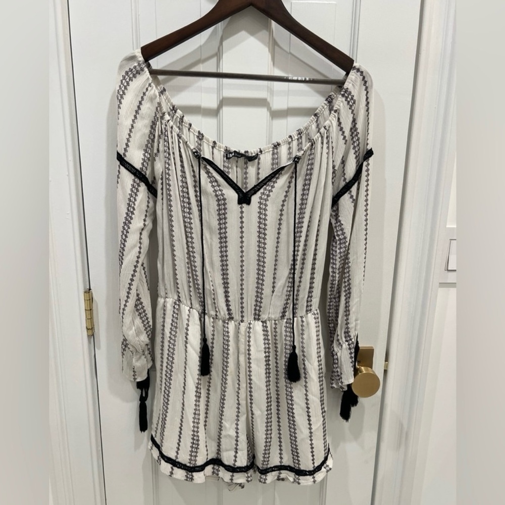 INA Black & Ivory Boho Tassel Romper Size L NWT